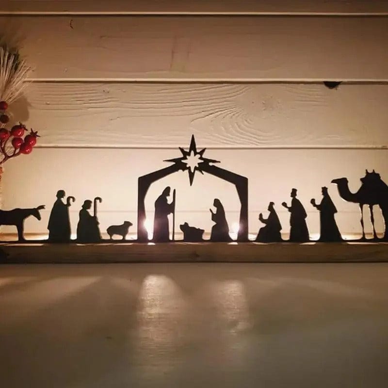 Nativity Scene Tealight Holder | Metal Silhouette & Wooden Base | Christmas Ornament