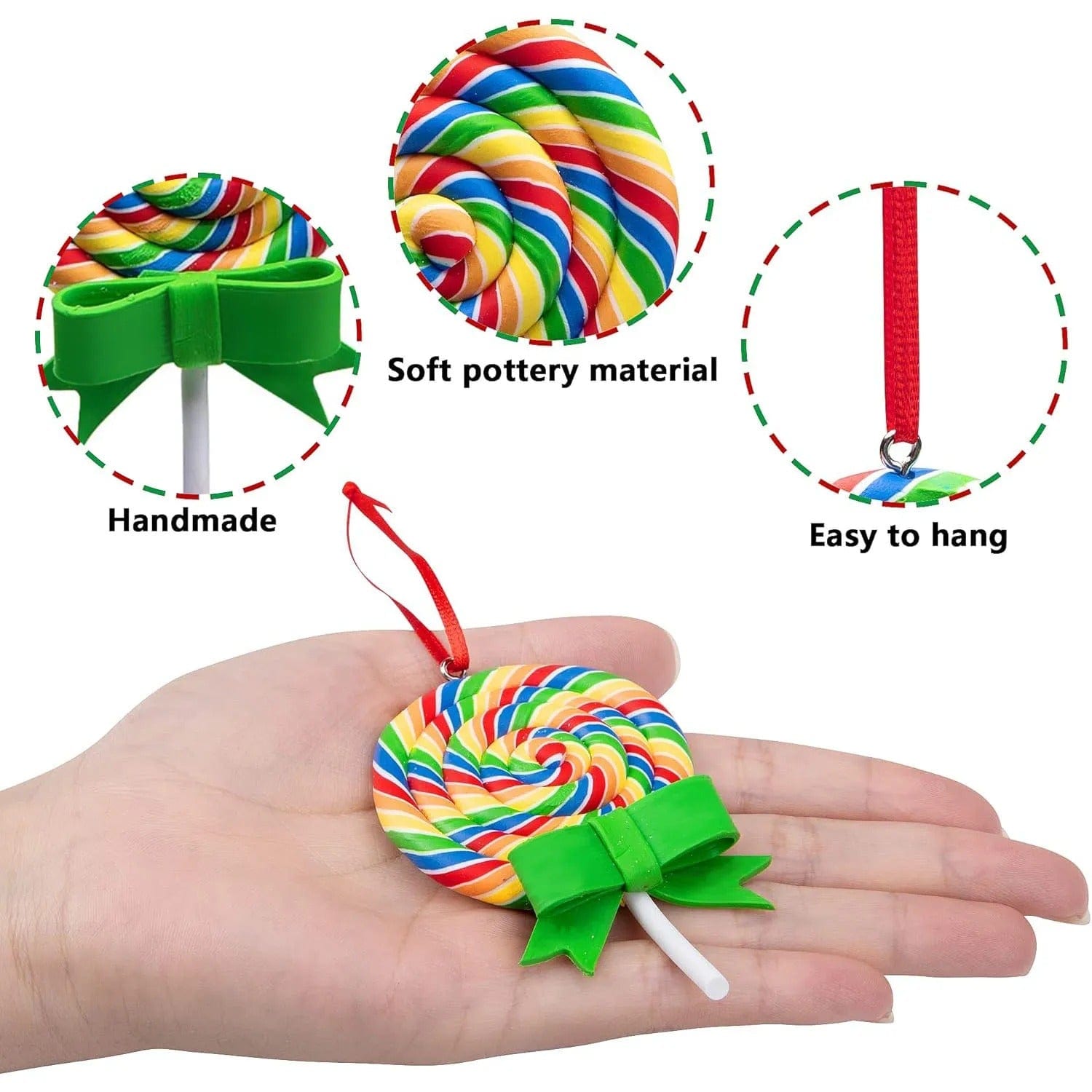 Set of 7 Christmas Lollipop Ornaments | Polymer Clay Candy Decorations