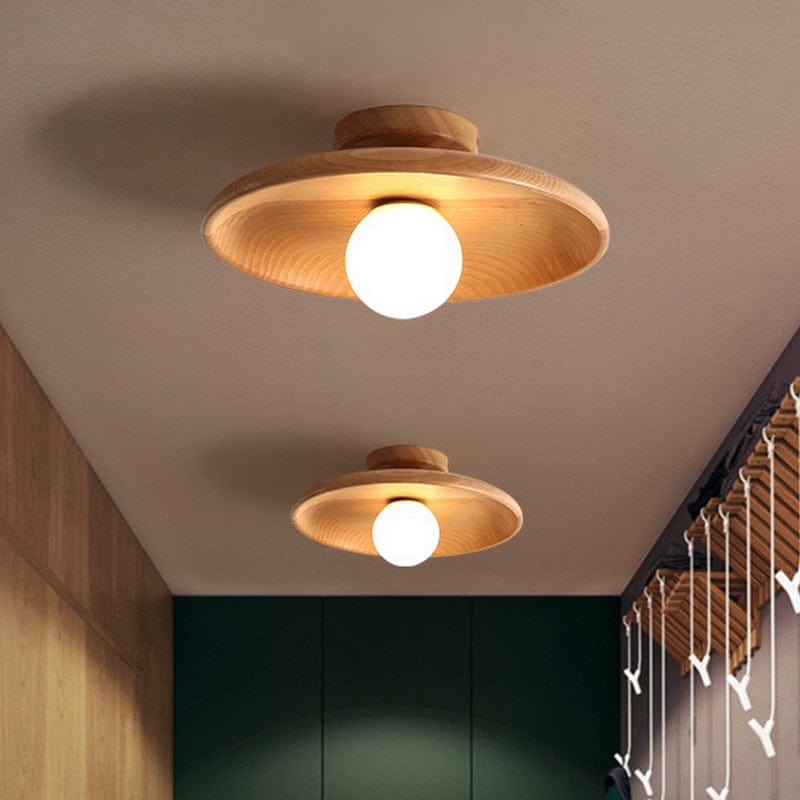 Shallow Bowl Shaped Ceiling Light - Minimalist Wood LED Fixture