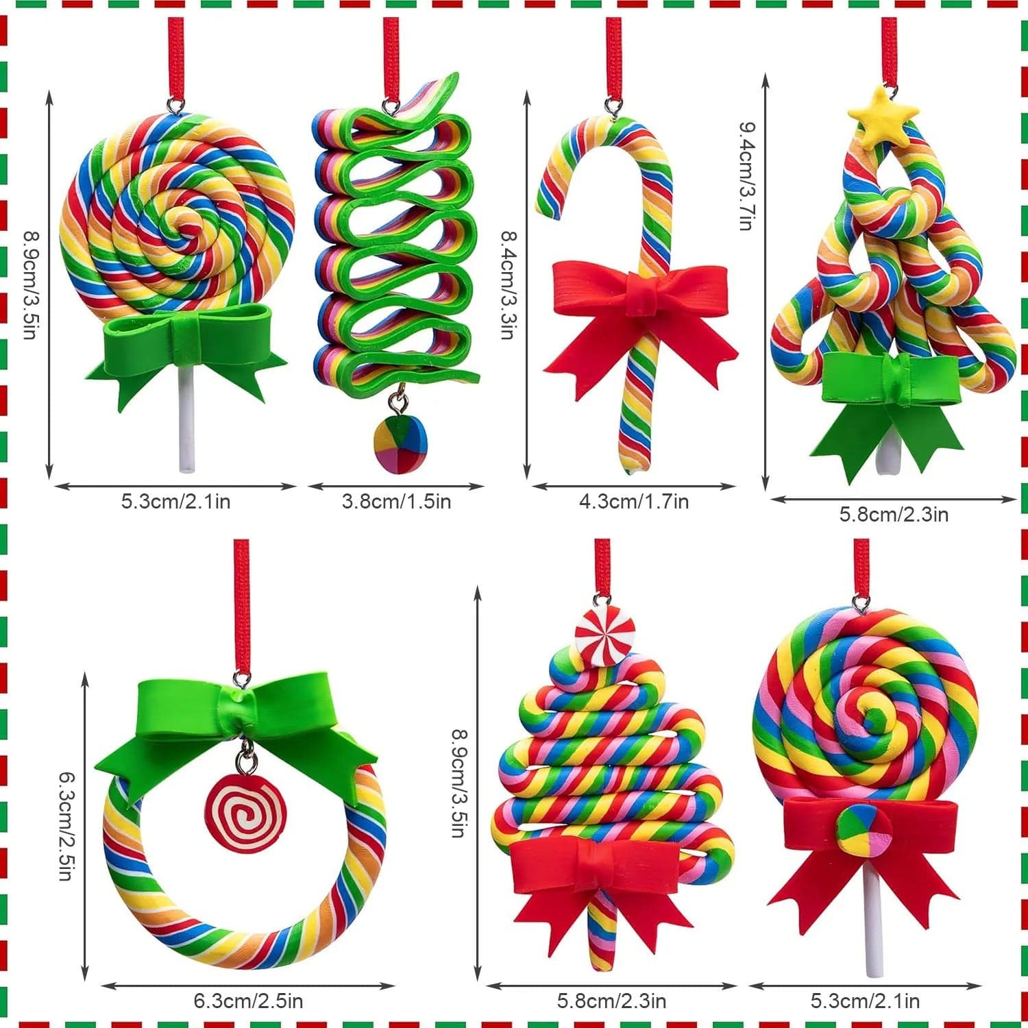 Set of 7 Christmas Lollipop Ornaments | Polymer Clay Candy Decorations