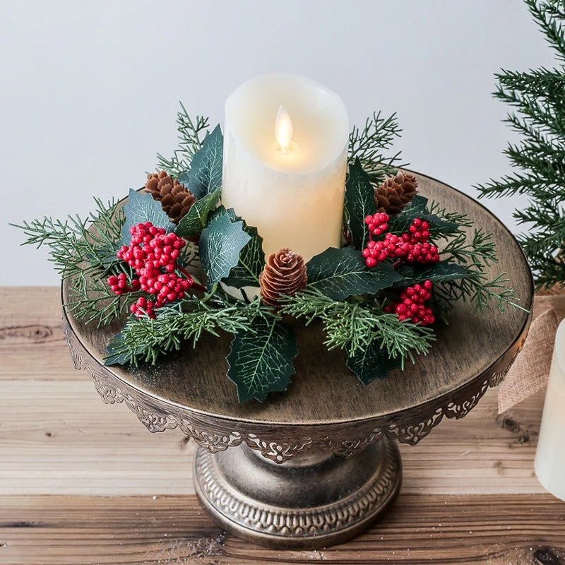 Christmas Candle Holder Wreath | Artificial Berries & Pine Garland