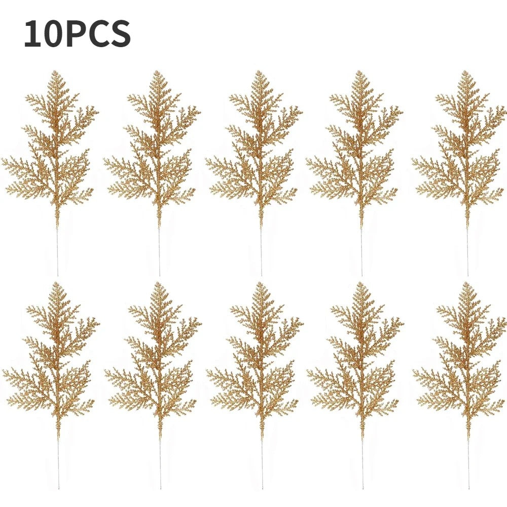 10/5pcs Glitter Gold & Silver Cypress Leaves | Christmas Tree Decor