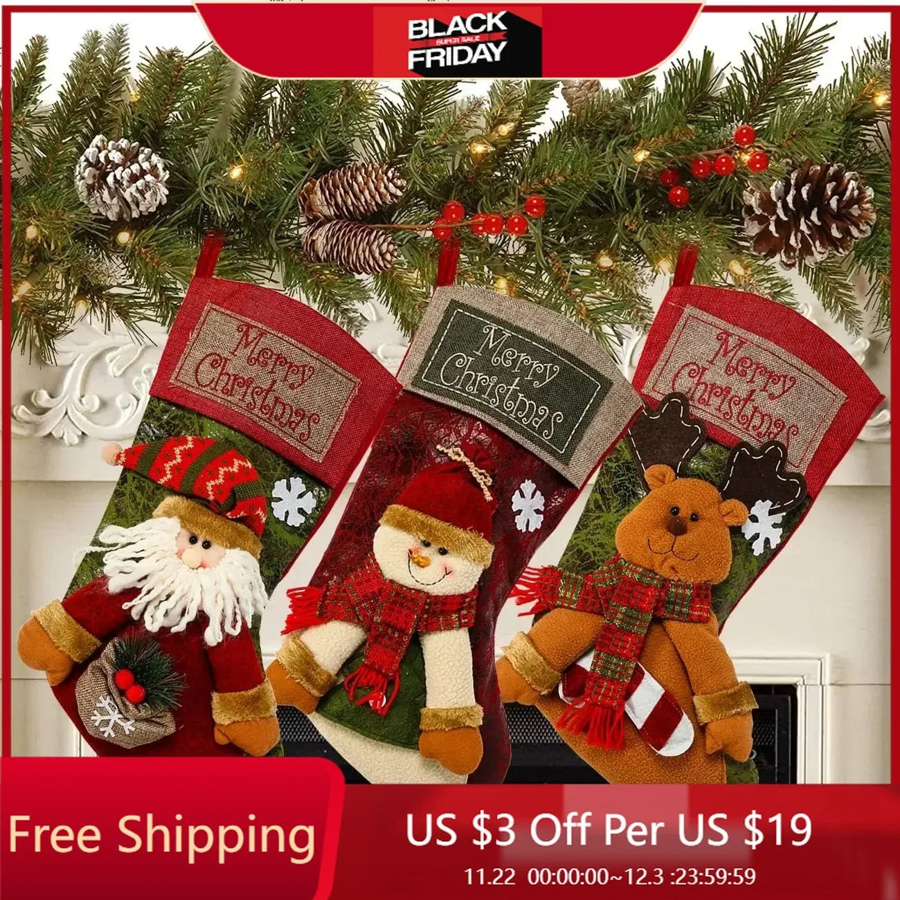 Classic Large Christmas Stockings | Santa, Snowman & Reindeer