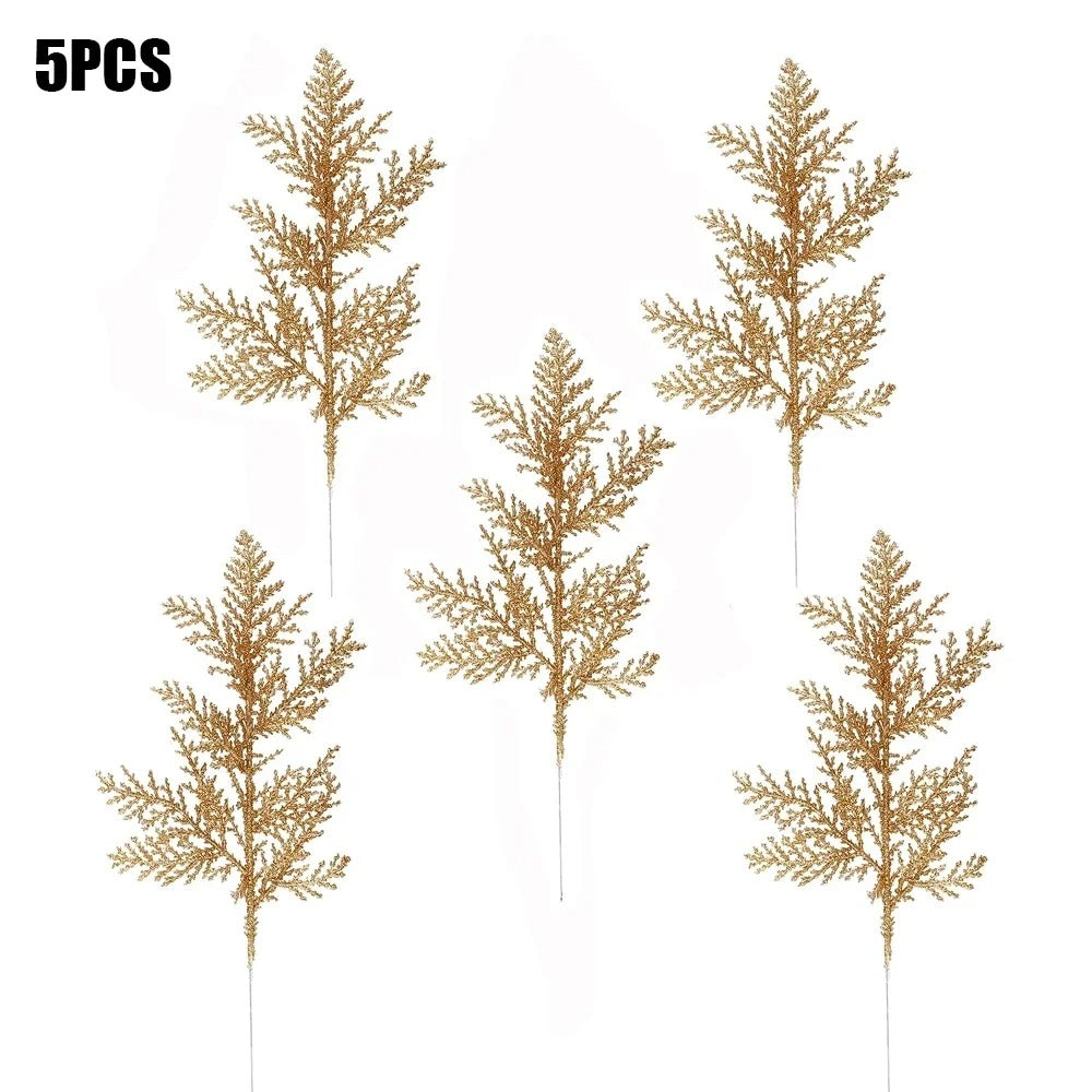 10/5pcs Glitter Gold & Silver Cypress Leaves | Christmas Tree Decor