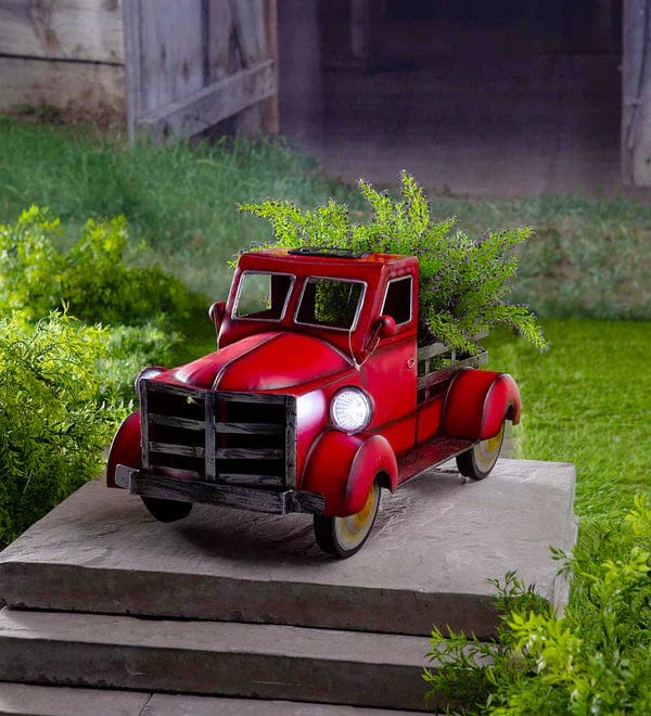 Vintage Solar Pickup Truck Decor with LED Headlights