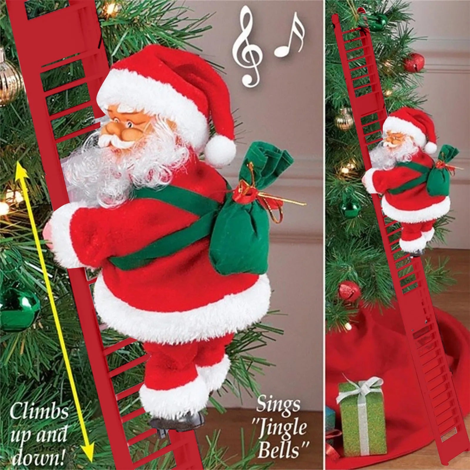 2023 Electric Climbing Santa Claus with Music & LED Lights – Festive Hanging Tree Ornament