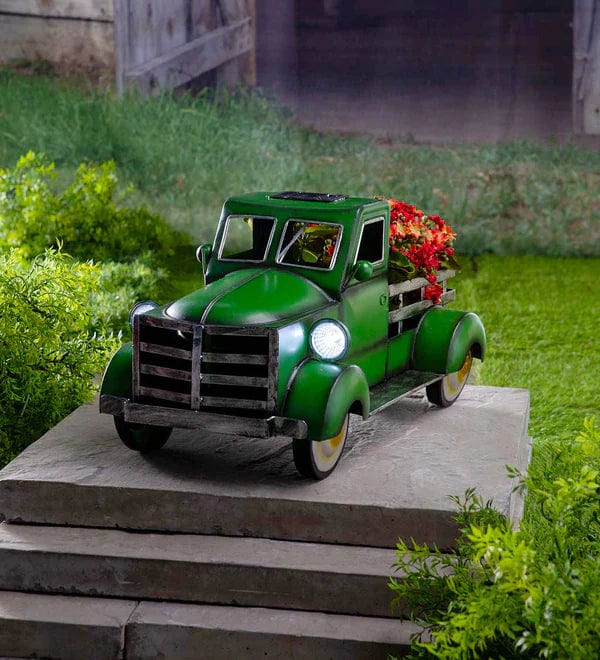 Vintage Solar Pickup Truck Decor with LED Headlights