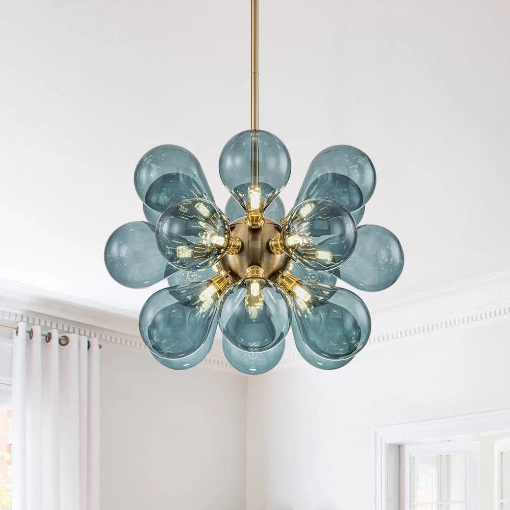 Blue Bubble Chandelier with 18 Glass Globes, Gold Sputnik Design