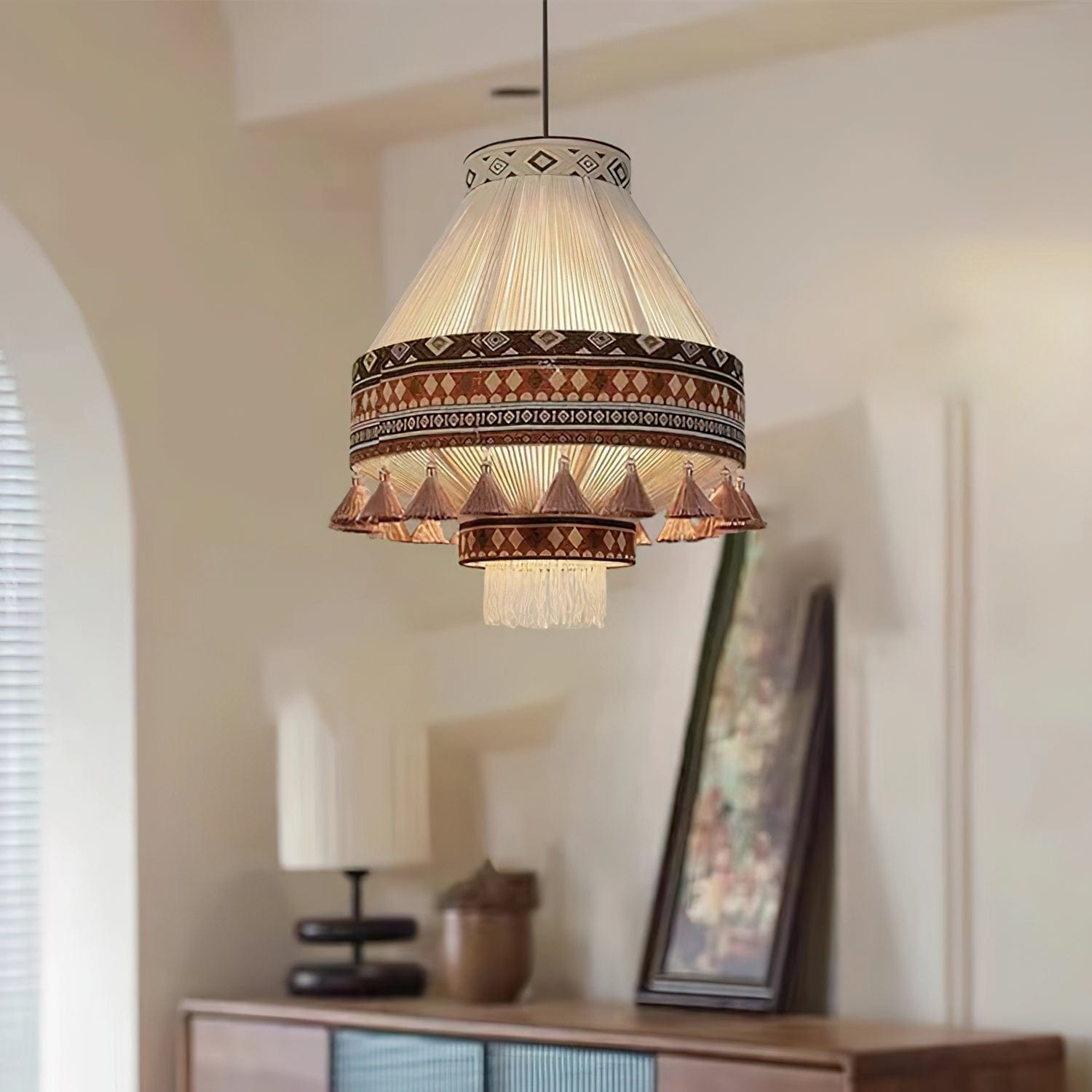 Bohemian Fringe Pendant Lamp - Tribal-Inspired Woven Design with Artisanal Touch