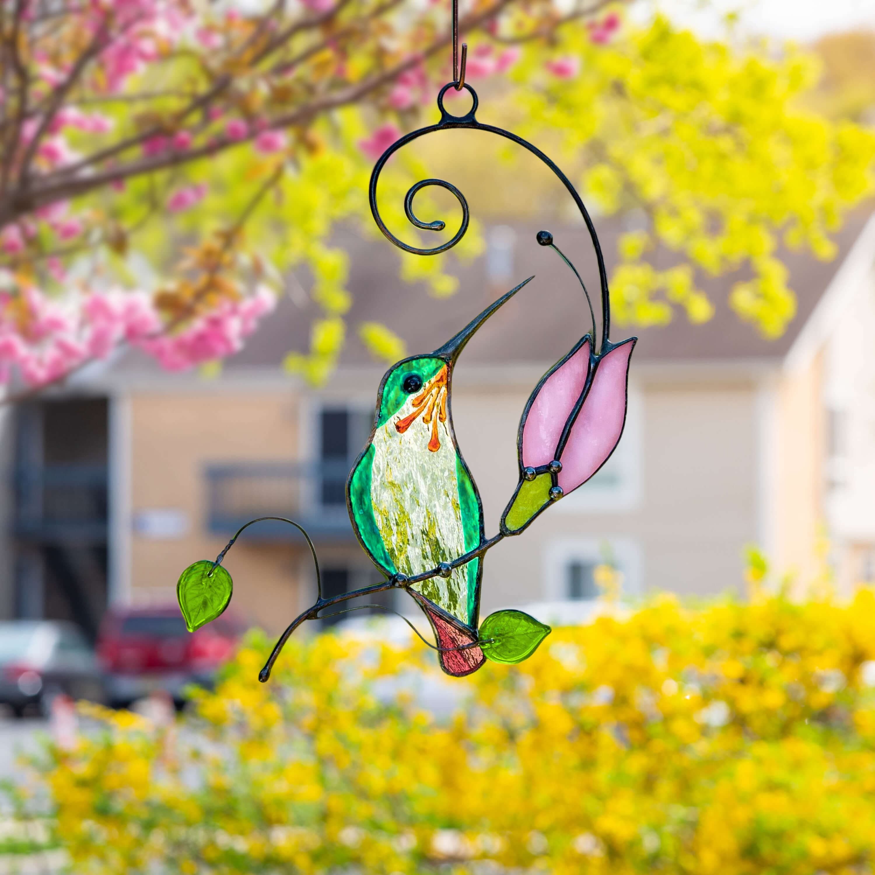 Haloed Hanging Hummingbird – Stained Glass Sun Catcher