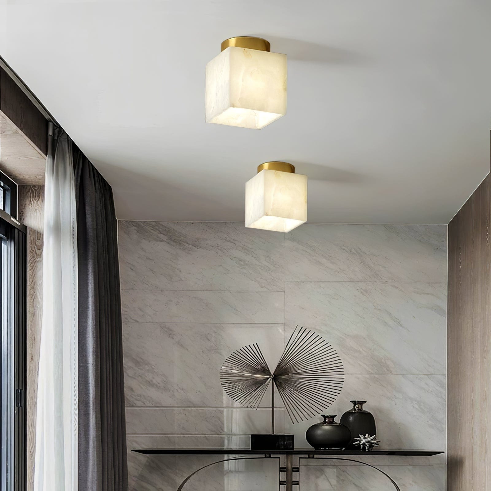 Moon Glow Alabaster Ceiling Light - Brass & White LED Fixture