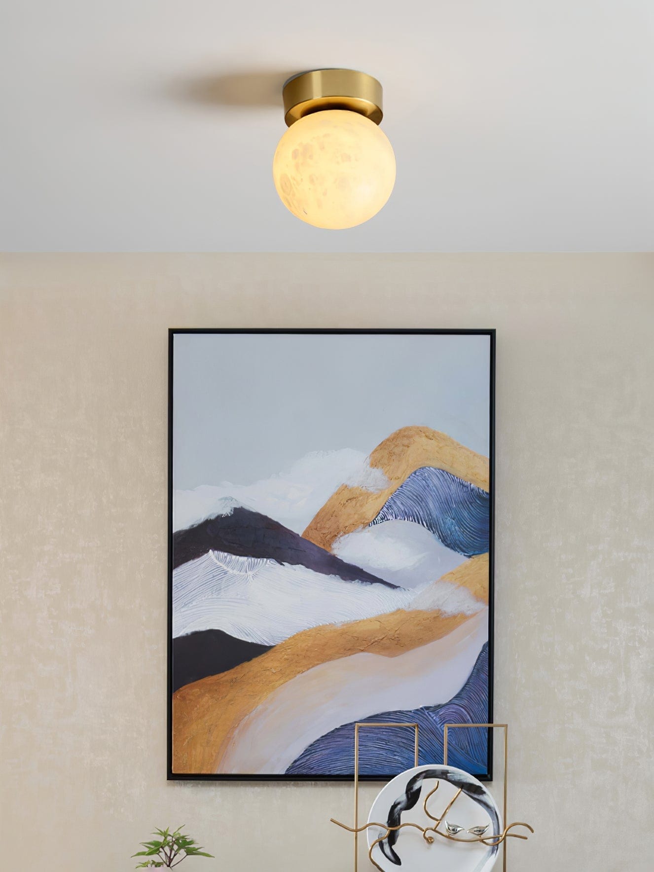 Moon Glow Alabaster Ceiling Light - Brass & White LED Fixture