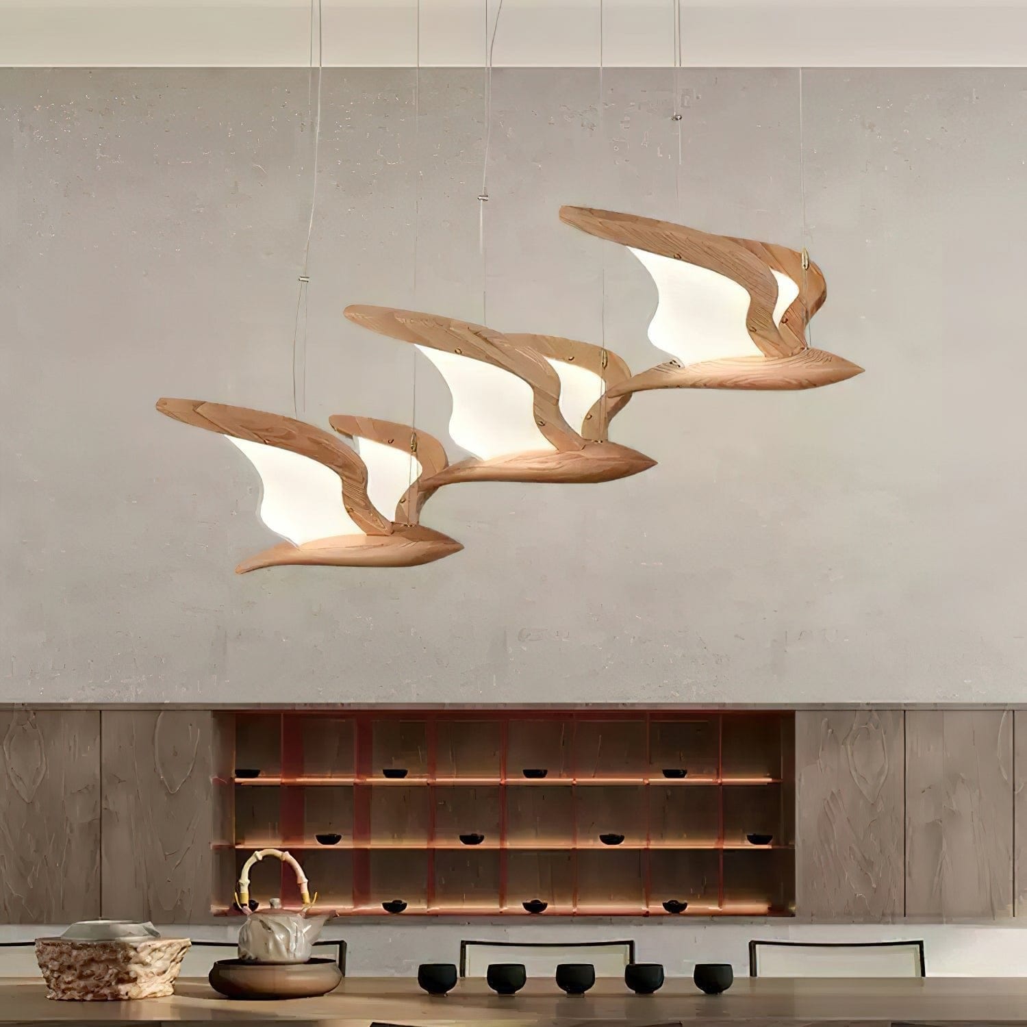 Warbler Chandelier - Nature-Inspired LED Lighting with Elegant Wooden Wings