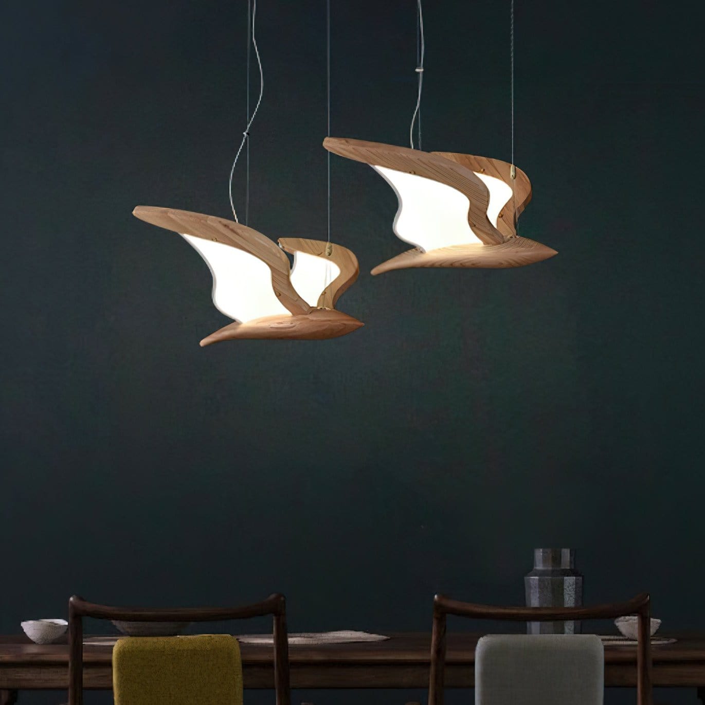 Warbler Chandelier - Nature-Inspired LED Lighting with Elegant Wooden Wings