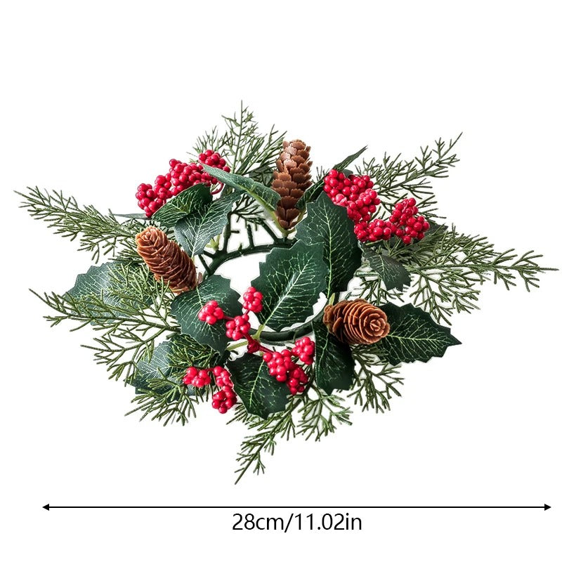 Christmas Candle Holder Wreath | Artificial Berries & Pine Garland