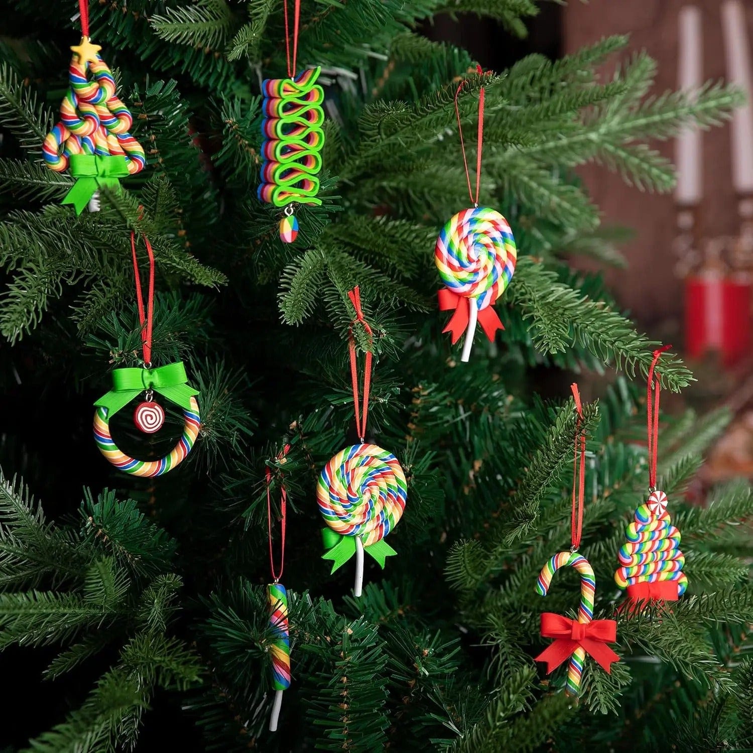 Set of 7 Christmas Lollipop Ornaments | Polymer Clay Candy Decorations