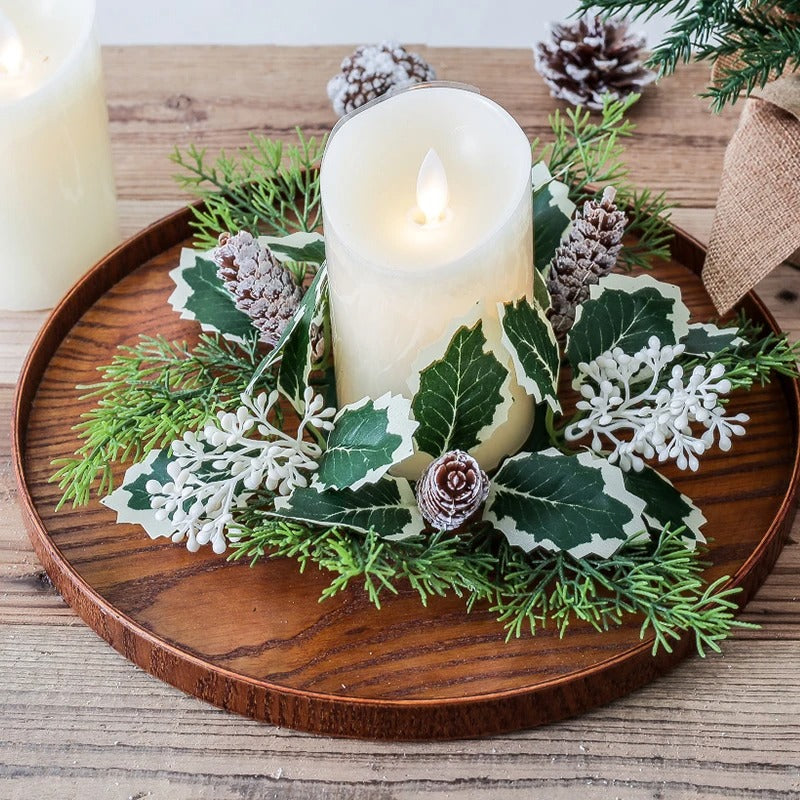 Christmas Candle Holder Wreath | Artificial Berries & Pine Garland