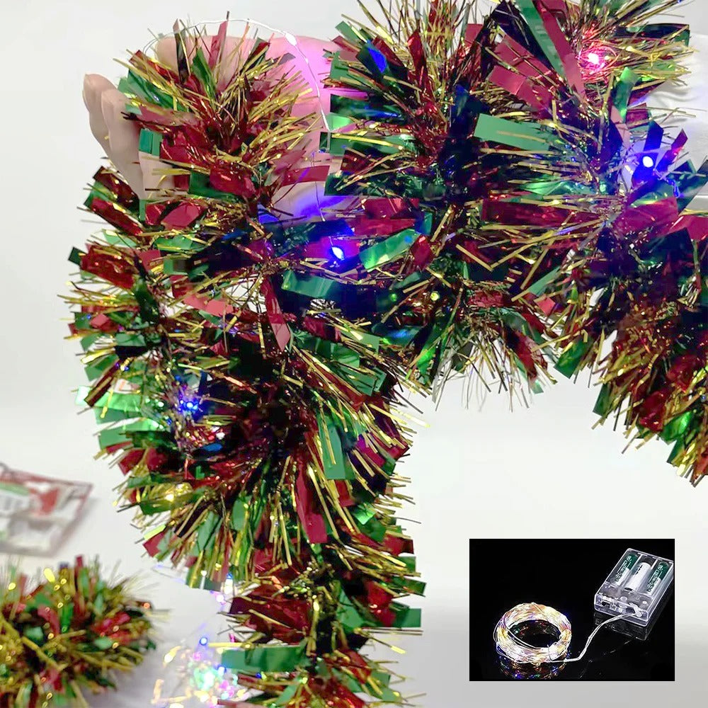 16 Ft Christmas Tinsel Garland with LED Lights | Metallic Shine