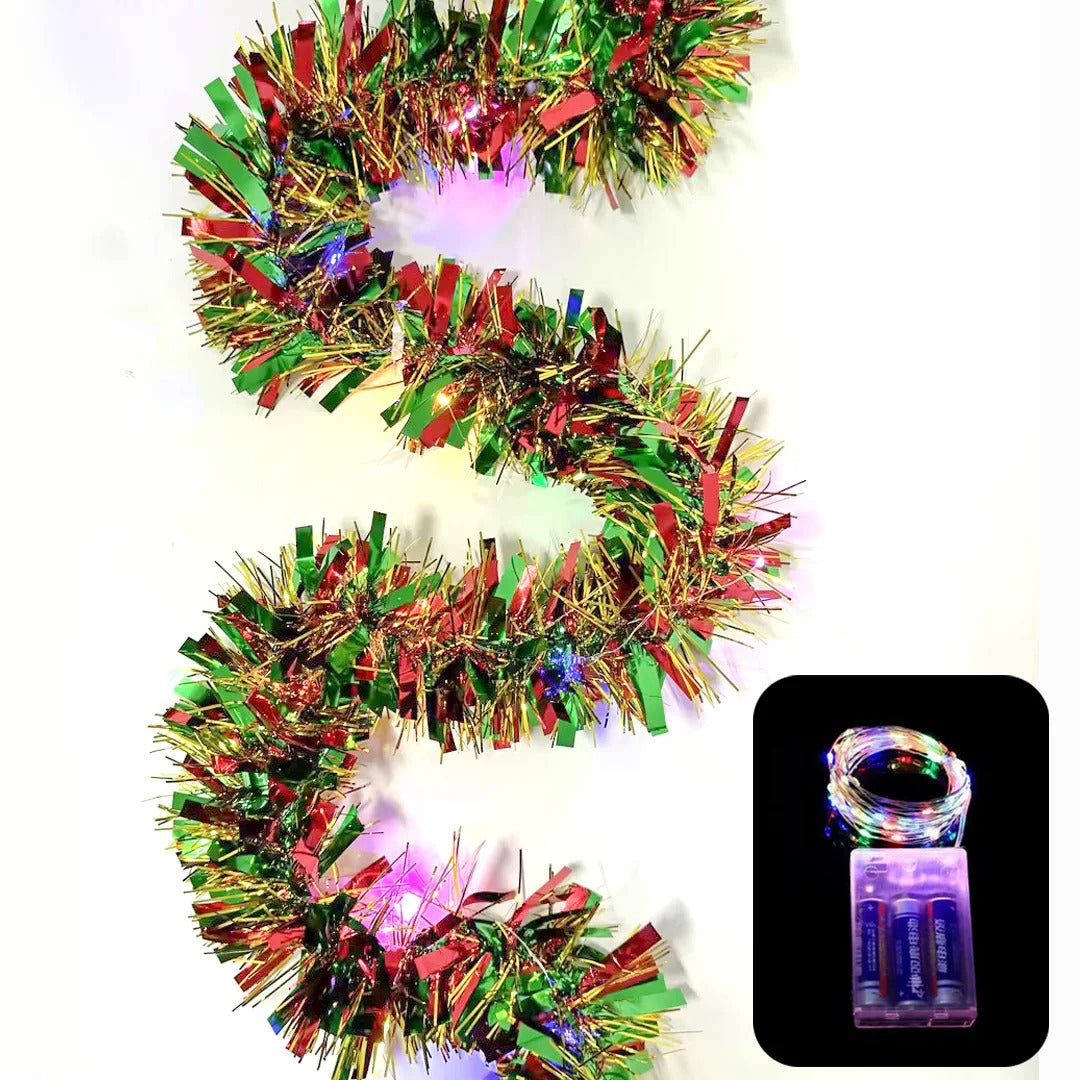 16 Ft Christmas Tinsel Garland with LED Lights | Metallic Shine