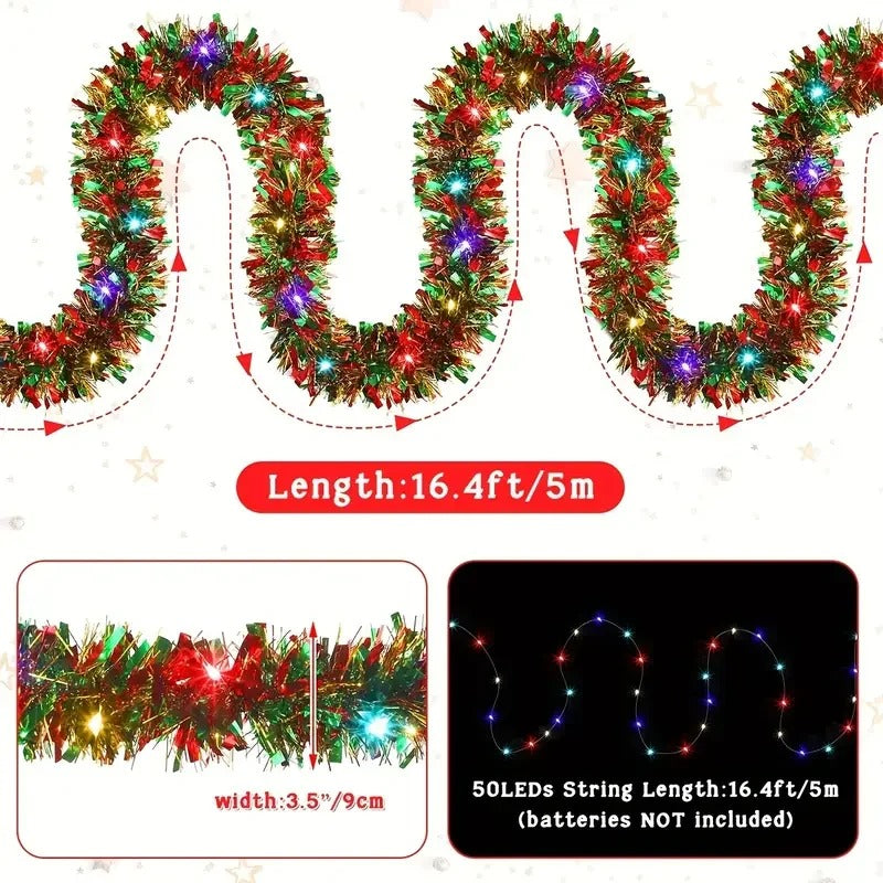 16 Ft Christmas Tinsel Garland with LED Lights | Metallic Shine