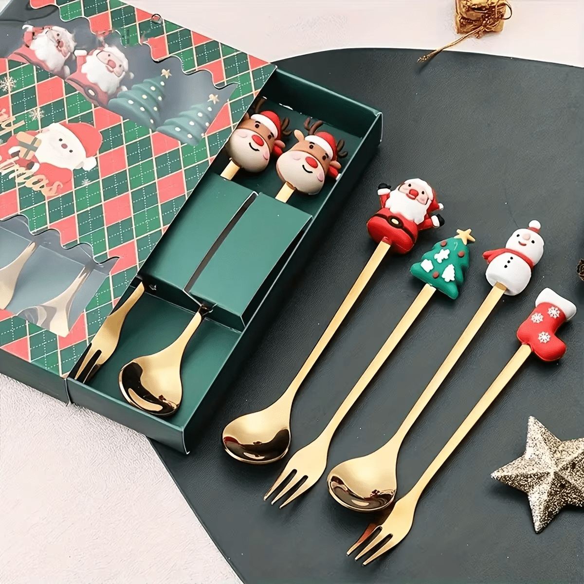 Santa Claus Christmas Spoons & Forks Set – 4/6pcs Stainless Steel