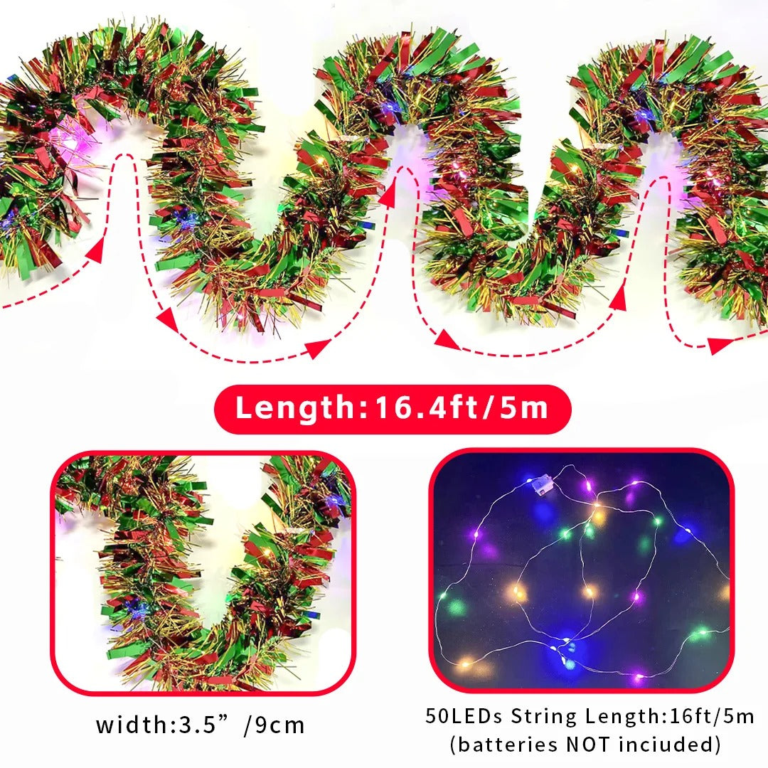 16 Ft Christmas Tinsel Garland with LED Lights | Metallic Shine